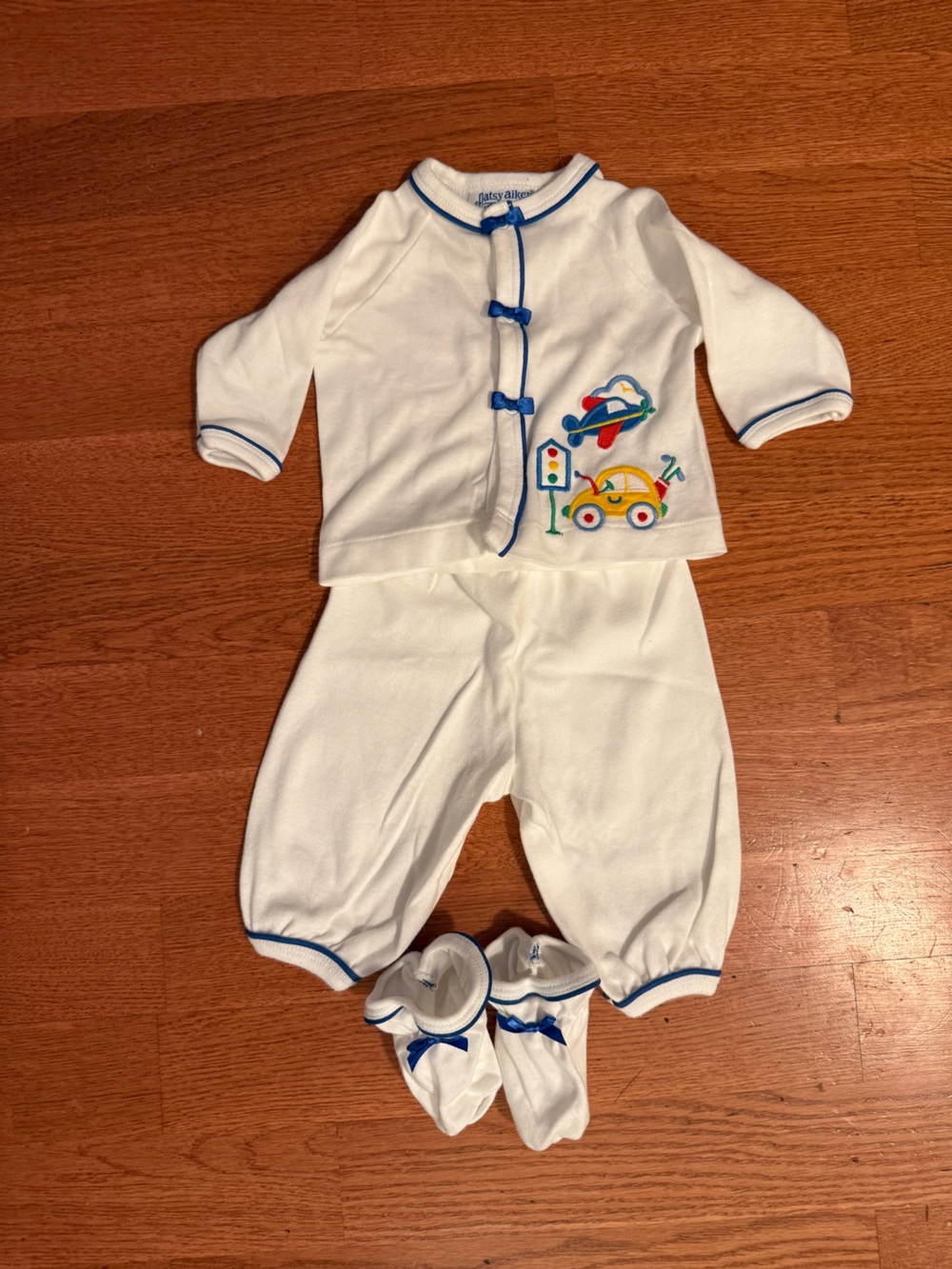 White Baby Matching Footie Set with Blue Trim and Vehicle Embroidery